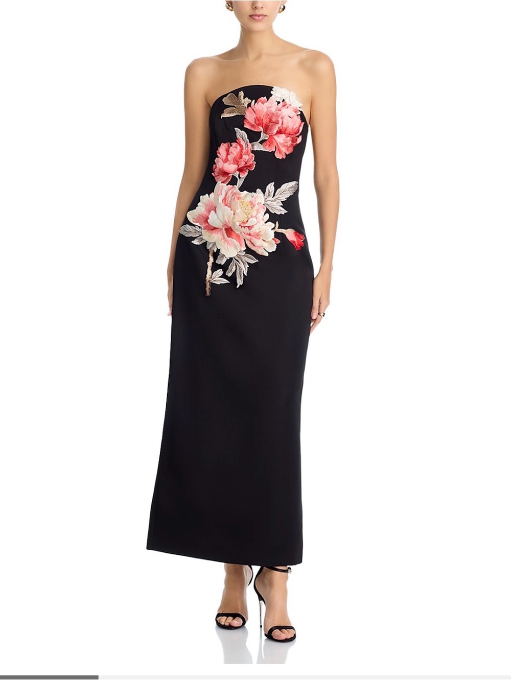 LEO LIN Ava Strapless Maxi Dress Floral Appliqué Beaded Column Gown Black NWT